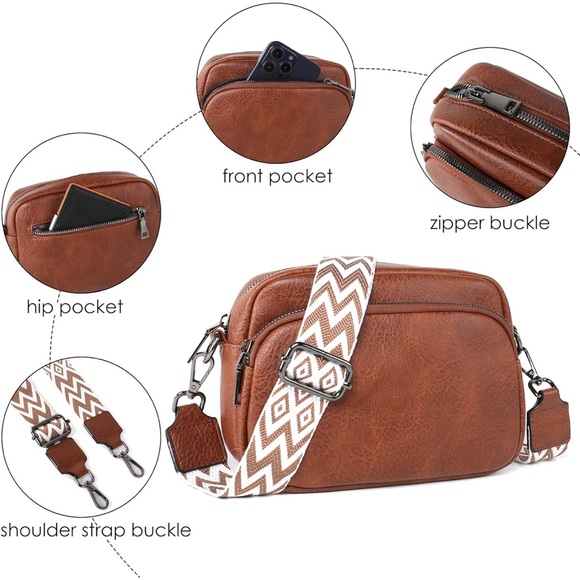 Brown Crossbody Bag with Patterned Strap - Picture 2 of 6